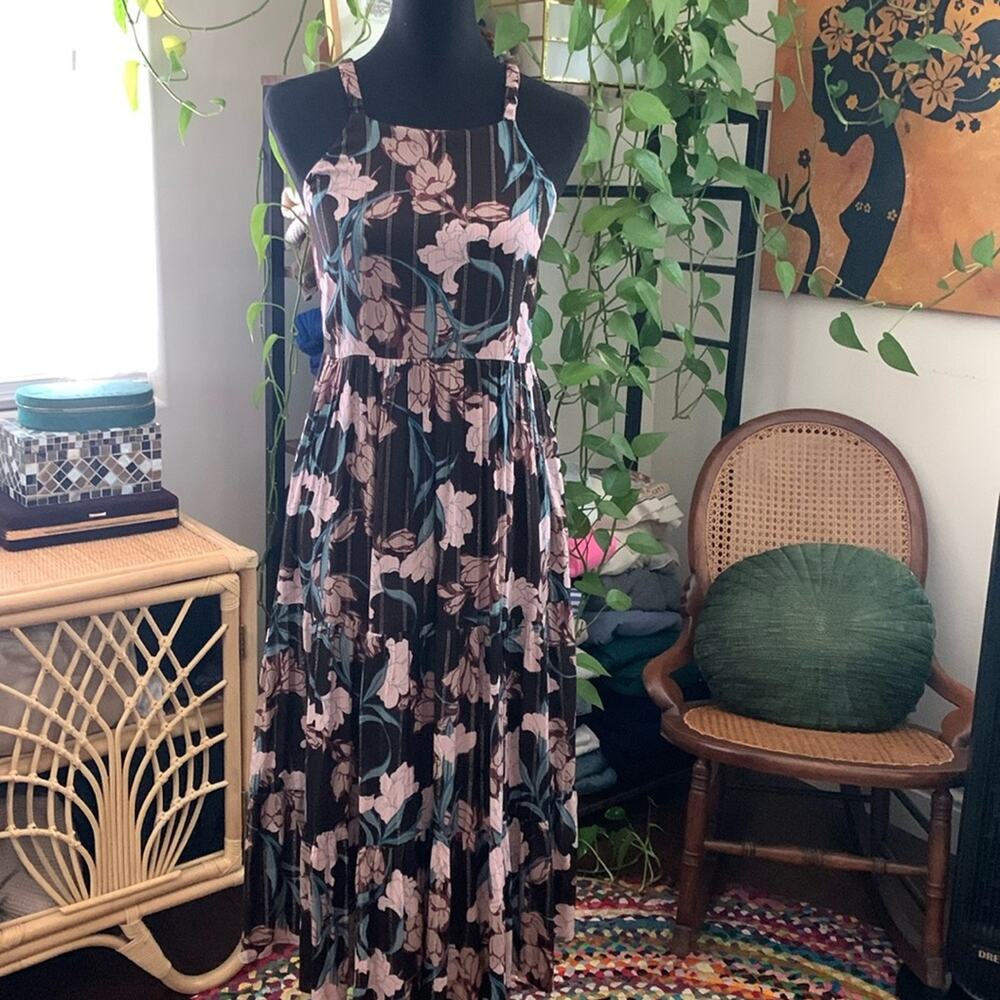 NWT Band of The Free Dark Floral Gold Pinstripe Tie Back Boho Garden Midi Dress